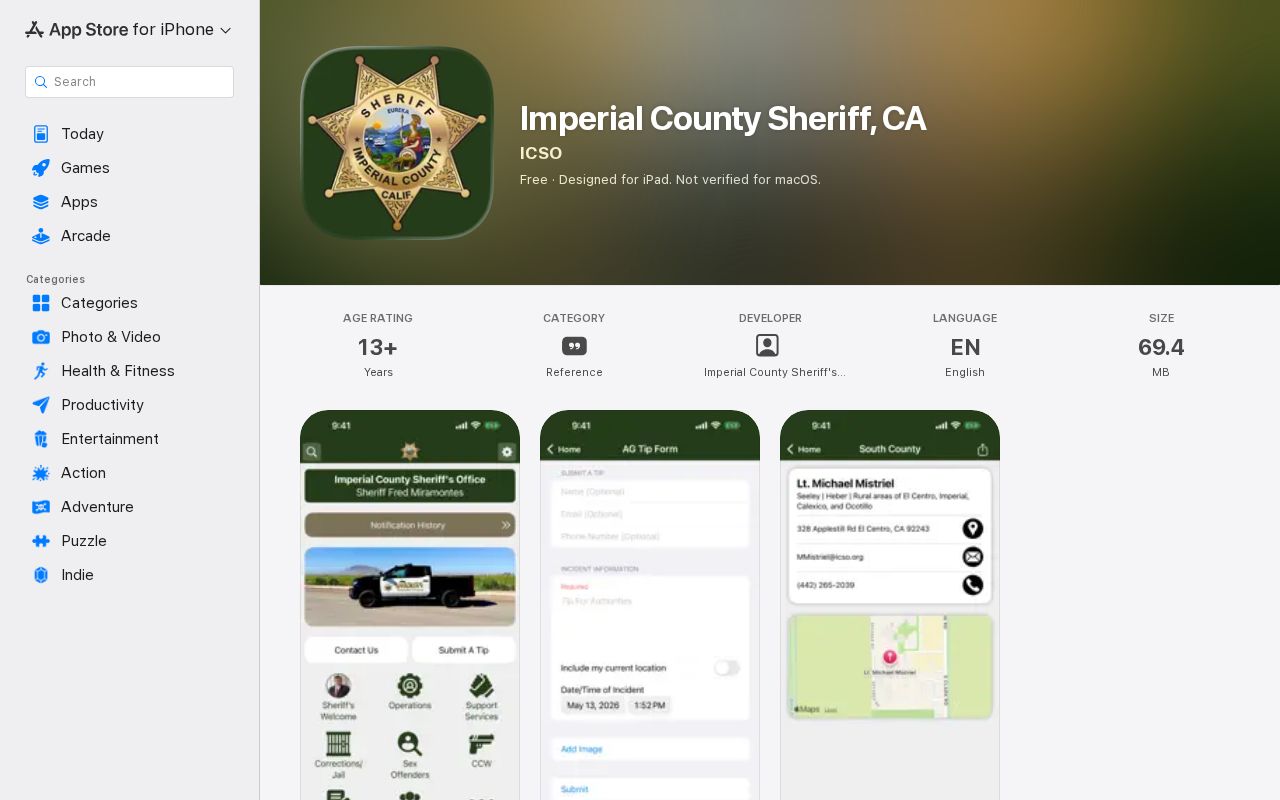 Imperial County Sheriff app listing and available public-safety features