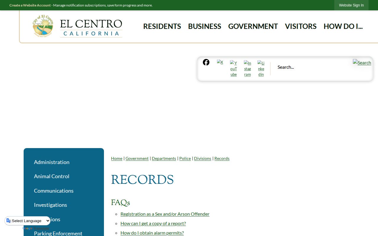El Centro Police Records webpage and report request information