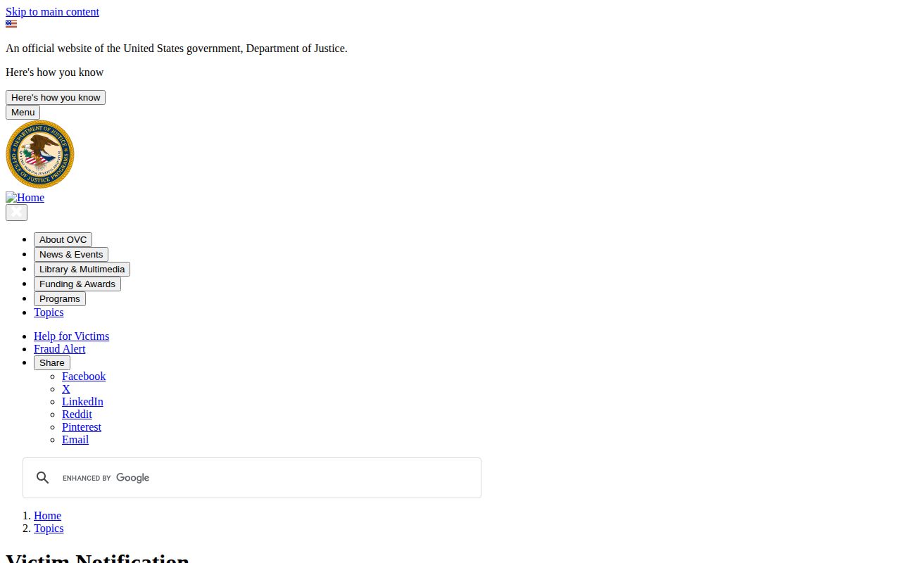 Office for Victims of Crime page explaining custody notification services