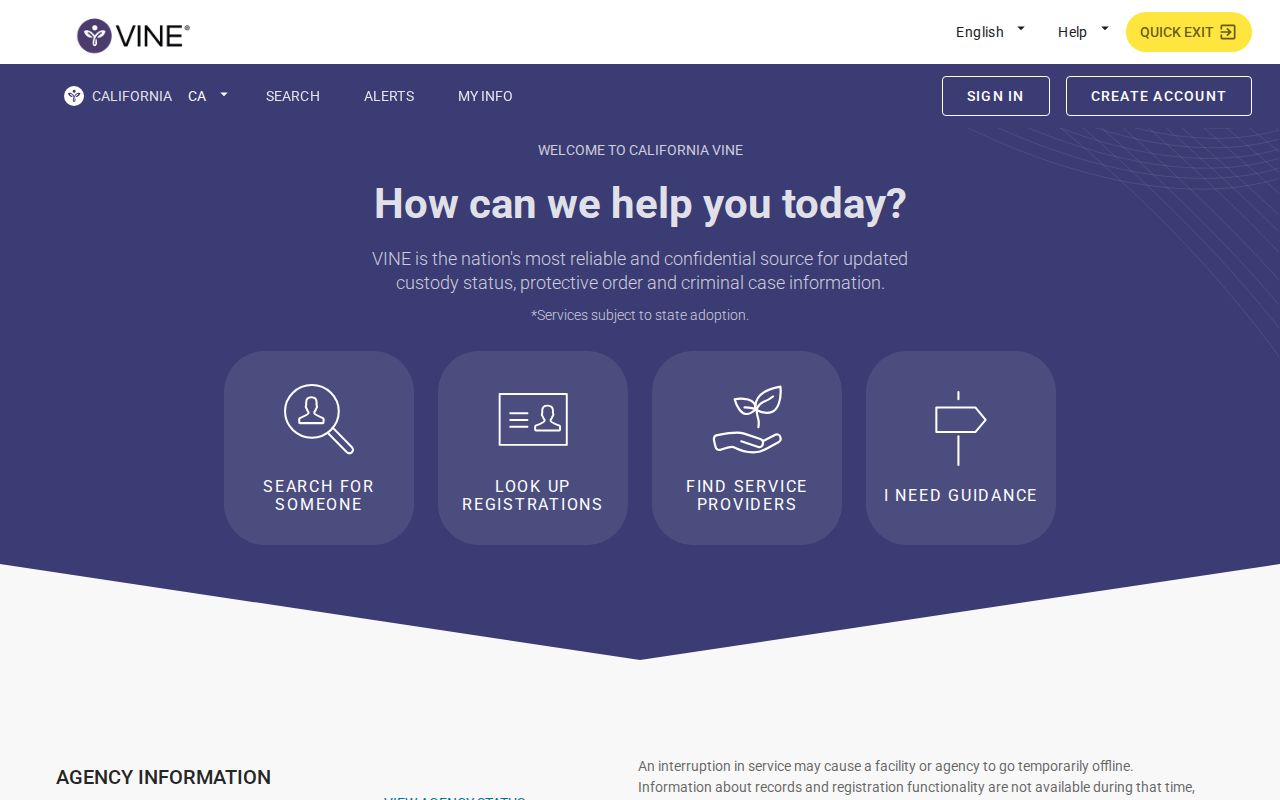 California VINELink custody search screen for agency-supplied records